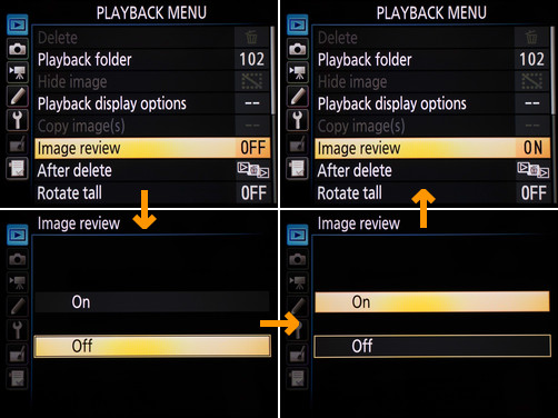 After moving to Playback Menu→Image review, three more interactions on different buttons are required — while pressing [Right] would have been sufficient.
