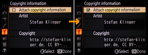 It would be easier if pressing [Ok] or [Right] simply changed the setting. The checkbox in Setup Menu→Copyright information→Attach copyright information is an example.